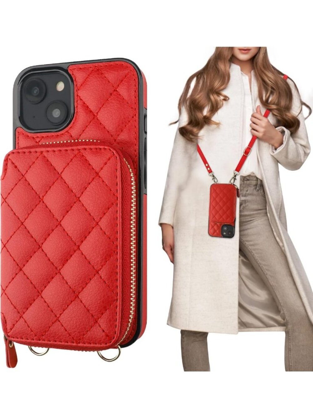Stylish Red Crossbody Wallet Case & Card Holder for iPhone 14 - Chic